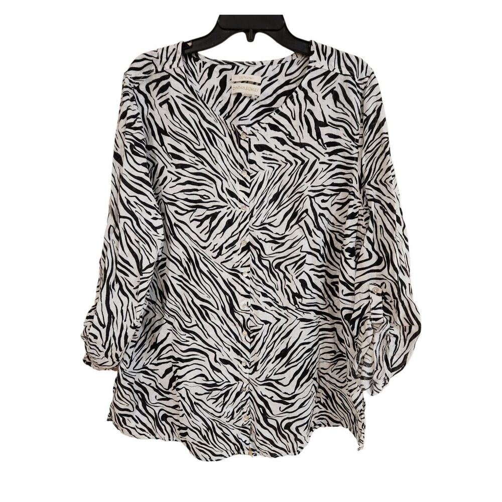 Cynthia Rowley Tunic Top Sz 1X Linen Zebra Animal Print Button Down Shirt Beachy